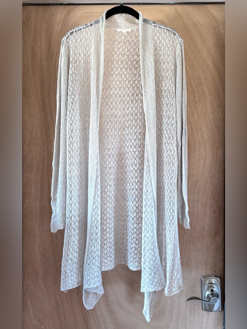 Eileen Fisher Linen Silk Lace Knit Duster Cardigan Open Front Women’s M Beige